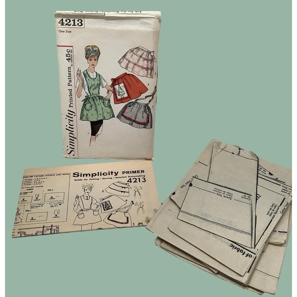 Vintage 1960s Bib & Half Apron Sewing Pattern Simplicity 4213 Cut Complete